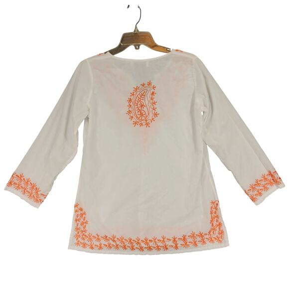Snappy Turtle Tunic Top sz S Women White Orange Embroidered Paisley Floral Boho - Picture 2 of 12